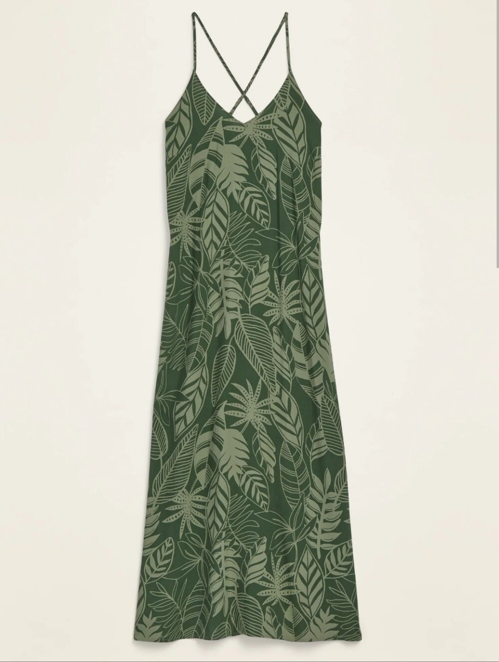 Old Navy Olive Green Tropical Leaf Slip Maxi Dress Small Criss Cross Back Summer